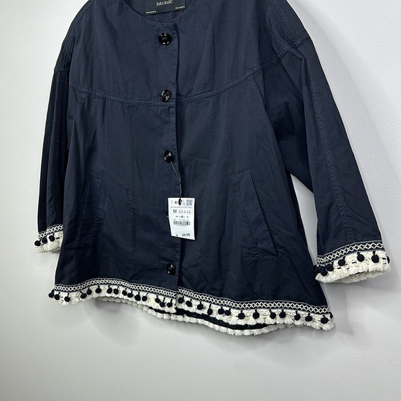 Zara Basic NWT Solid Black Tassel Pom Pom Detail Button Up Jacket Size Medium - Picture 4 of 8